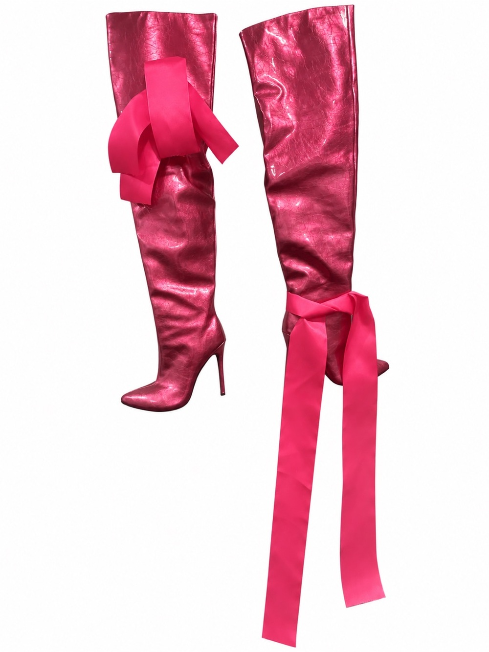 Metallic Fuchsia Over-the-Knee Stiletto Boots with Ribbon Accent